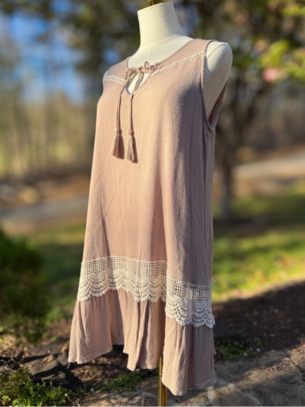 Gigio Boho Lace Trim Tassel Swing Mini Dress Cottagecore Size Large